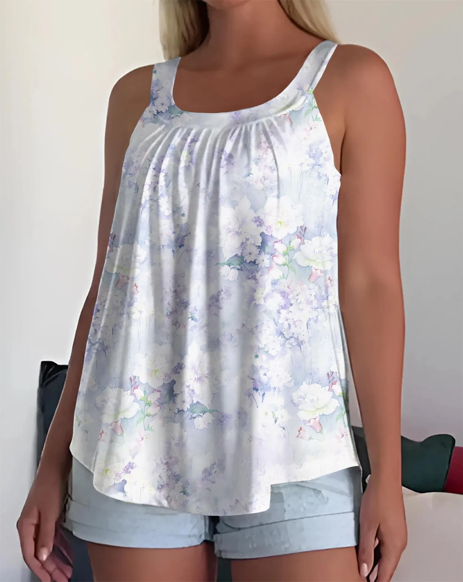 Sleeveless Square Neck Pleated Loose Camisole - Image 9