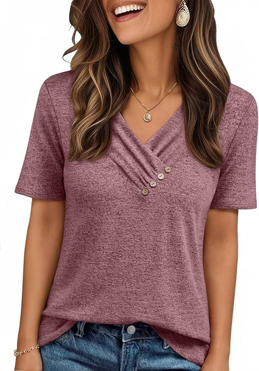 V-neck Pleated Solid Color Button Top - Image 10