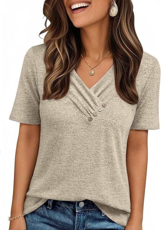 V-neck Pleated Solid Color Button Top - Image 3