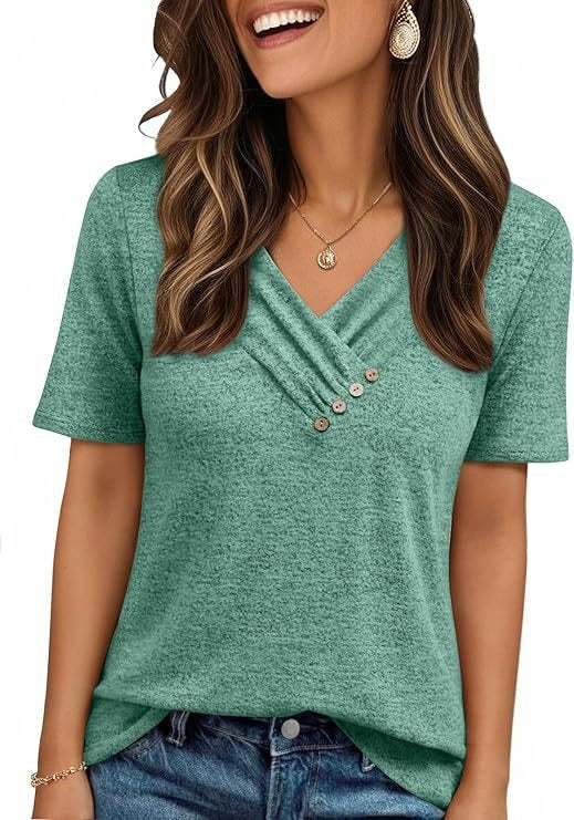 V-neck Pleated Solid Color Button Top - Image 4