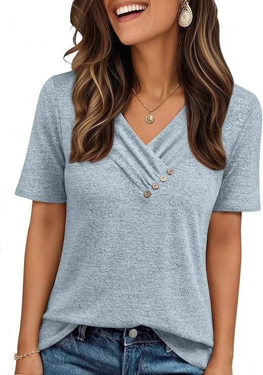 V-neck Pleated Solid Color Button Top - Image 5