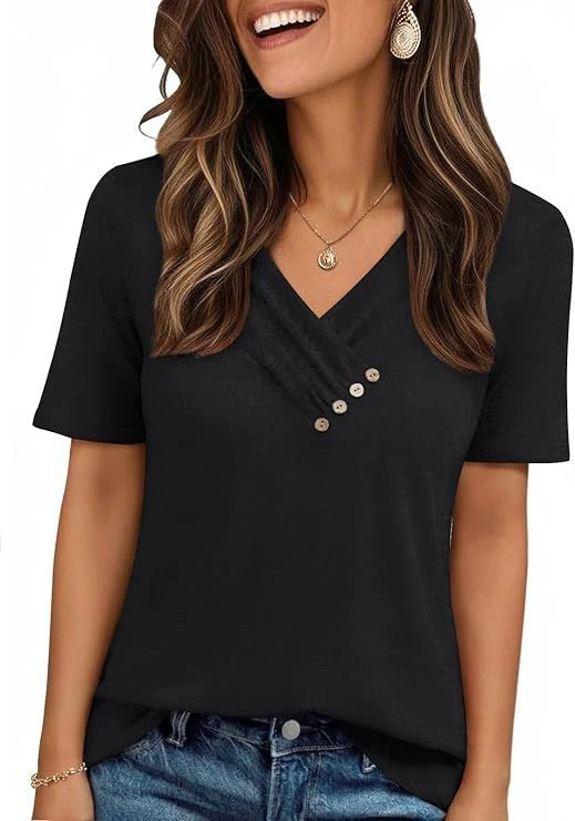 V-neck Pleated Solid Color Button Top - Image 6