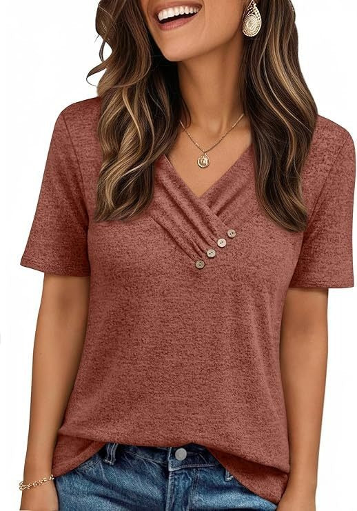 V-neck Pleated Solid Color Button Top - Image 7