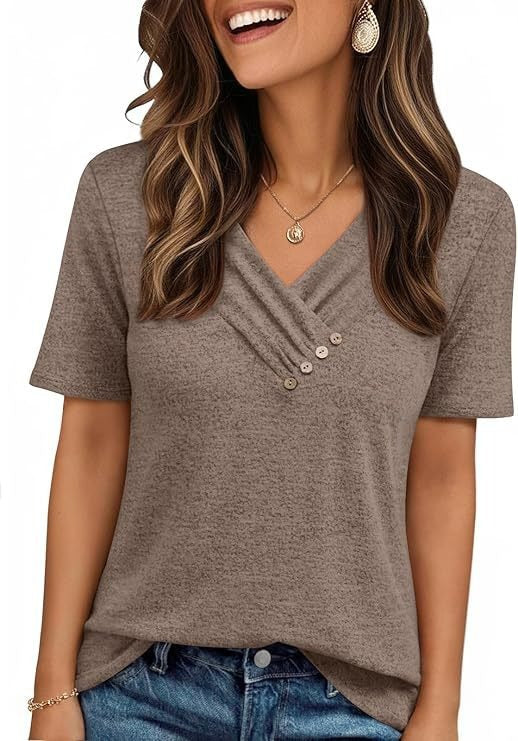 V-neck Pleated Solid Color Button Top - Image 8