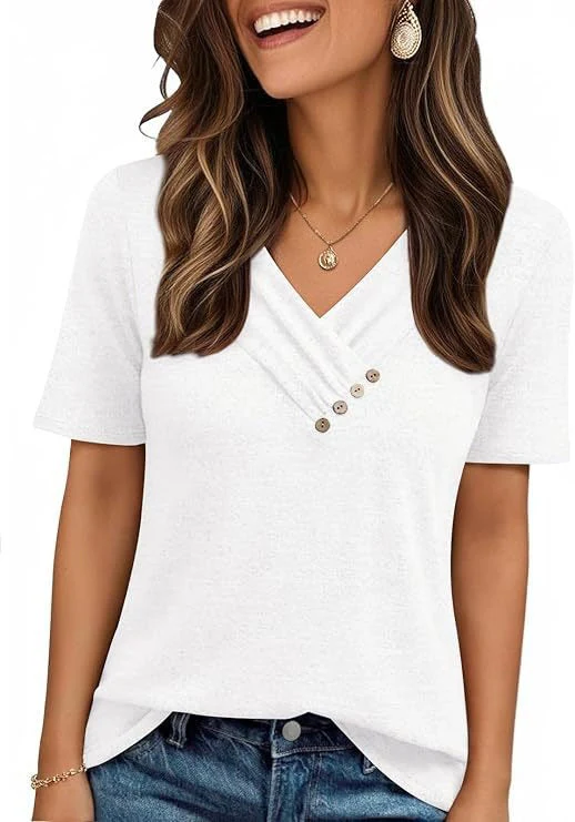 V-neck Pleated Solid Color Button Top - Image 9
